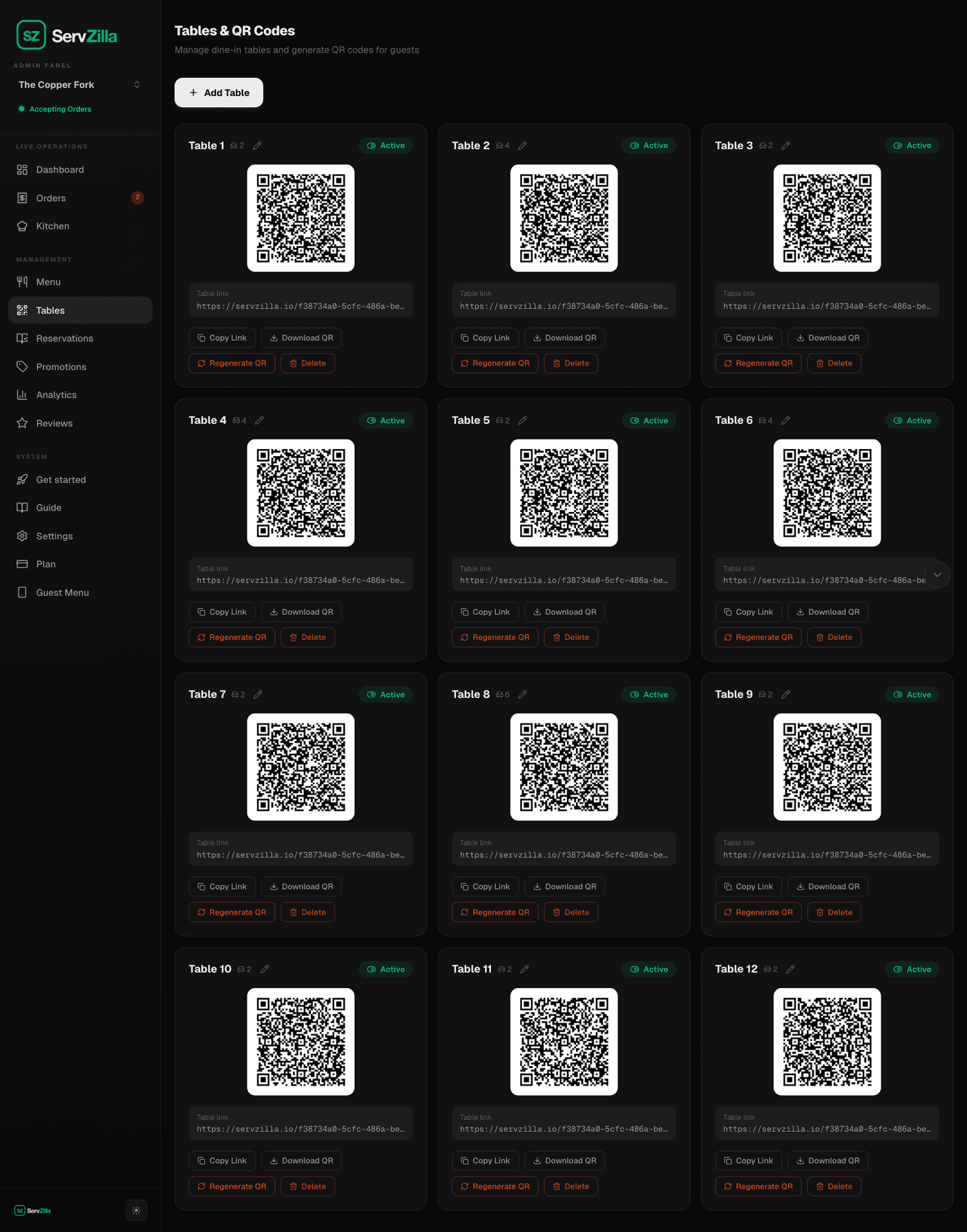 Tables & QR Codes